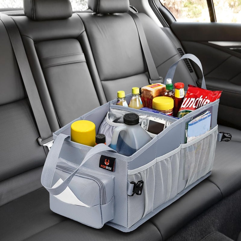 FoxBox Car Seat and Trunk Organizer, Front or Back Seat Storage - SUV Passenger Floor, Under or Between Seats Organization, Car Gifts for Men and Women (Grey) - Image 1